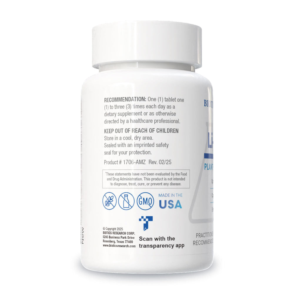 Close-up of Li Zyme 50 mcg tablet next to the bottle