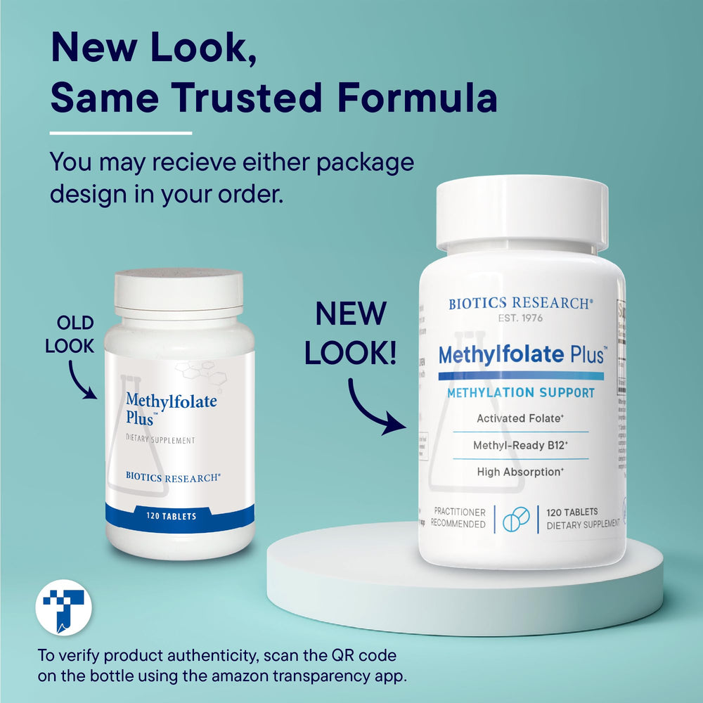 Close-up of METHYLFOLATE Plus label on bottle