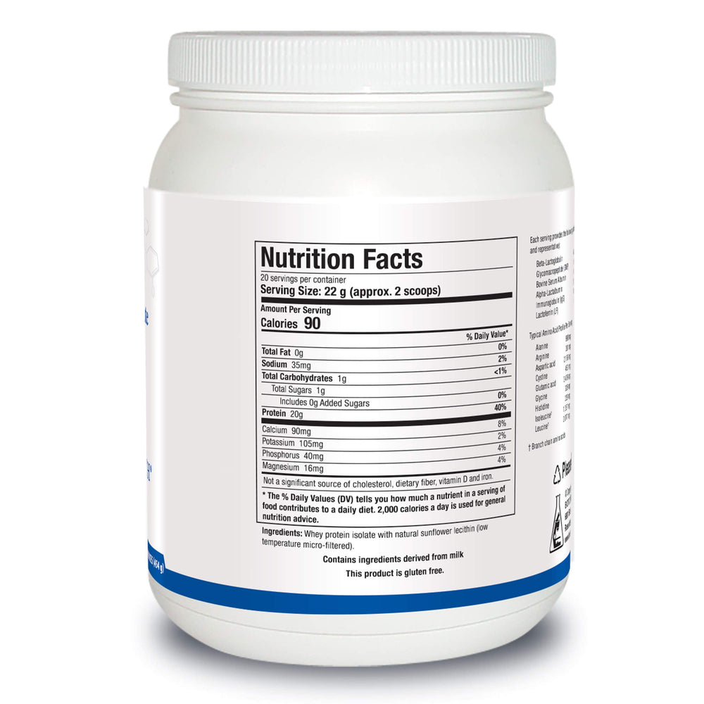 Biotics Research Whey Protein Isolate ingredient label close-up emphasizes non-GMO and purity.