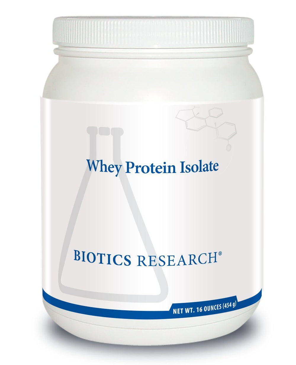 Biotics Research Whey Protein Isolate unflavored bottle shows 20g protein per serving for muscle support.