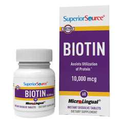 Front view of Superior Source Biotin 10,000 mcg sublingual tablets bottle