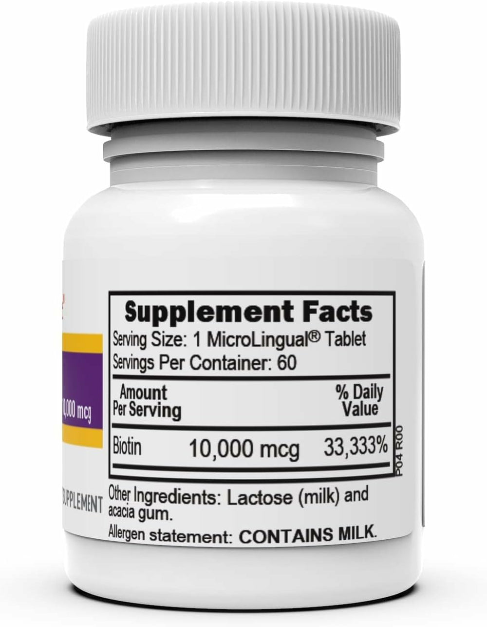 Nutrition facts label showing biotin 10 mg per tablet