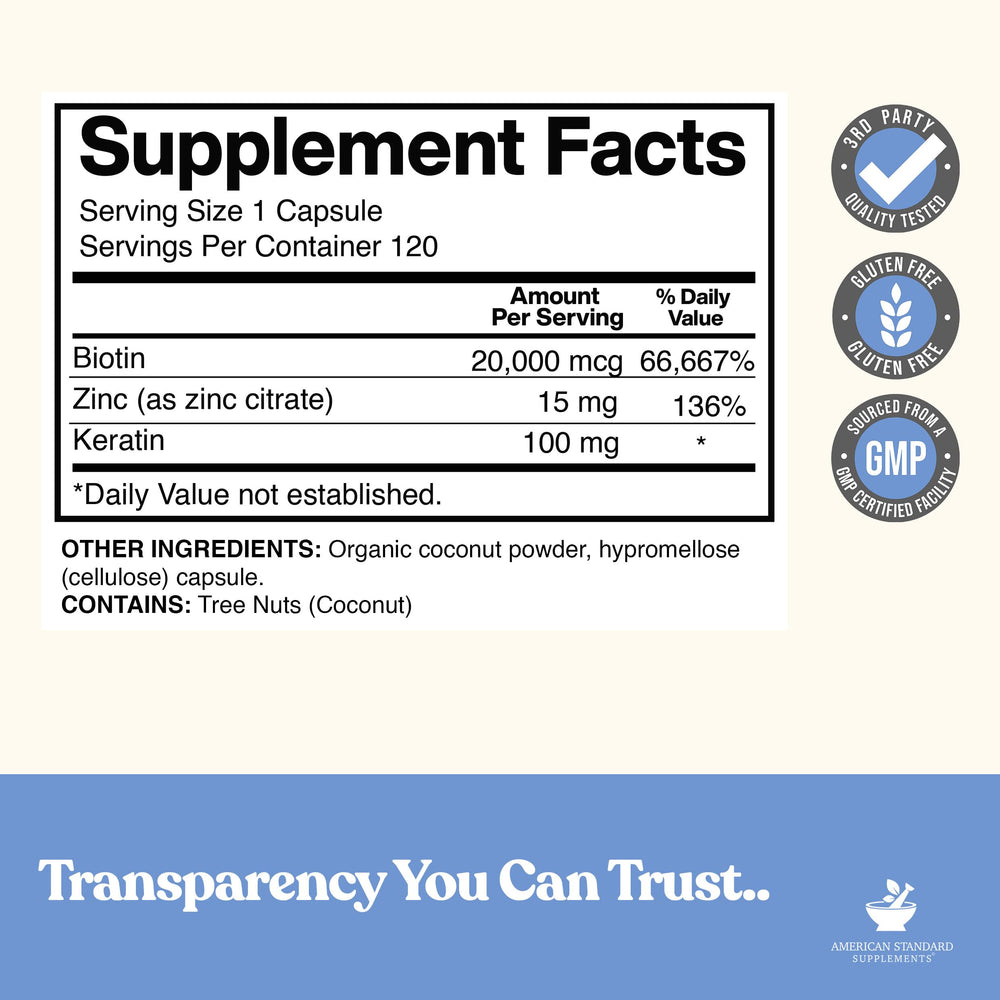 Close-up of Biotin 20,000mcg capsules