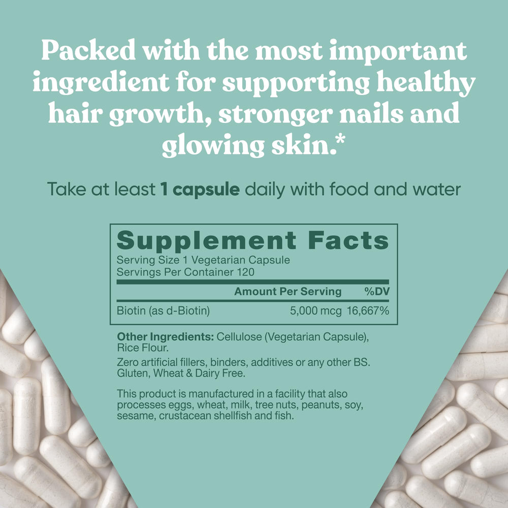 Side view of Biotin 5000 mcg bottle with label