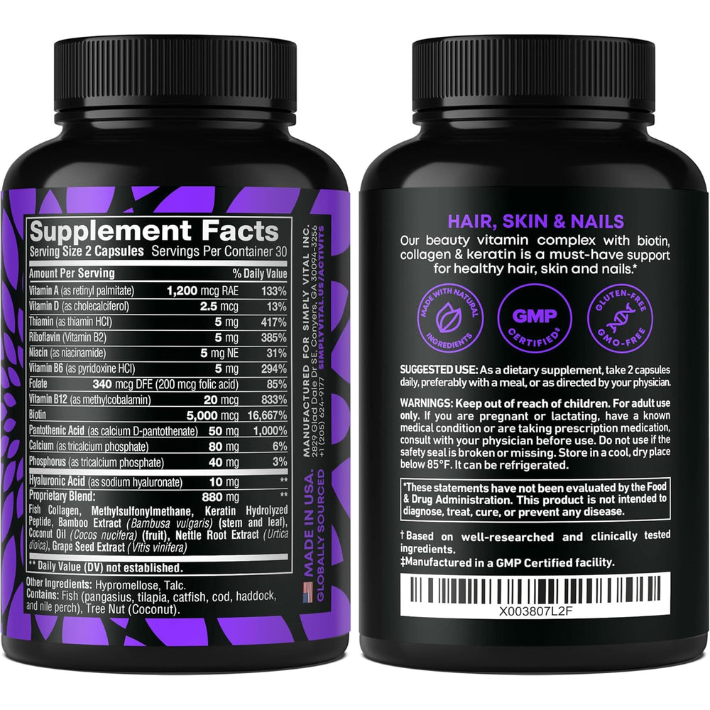 Close-up of biotin-collagen-keratin capsules label