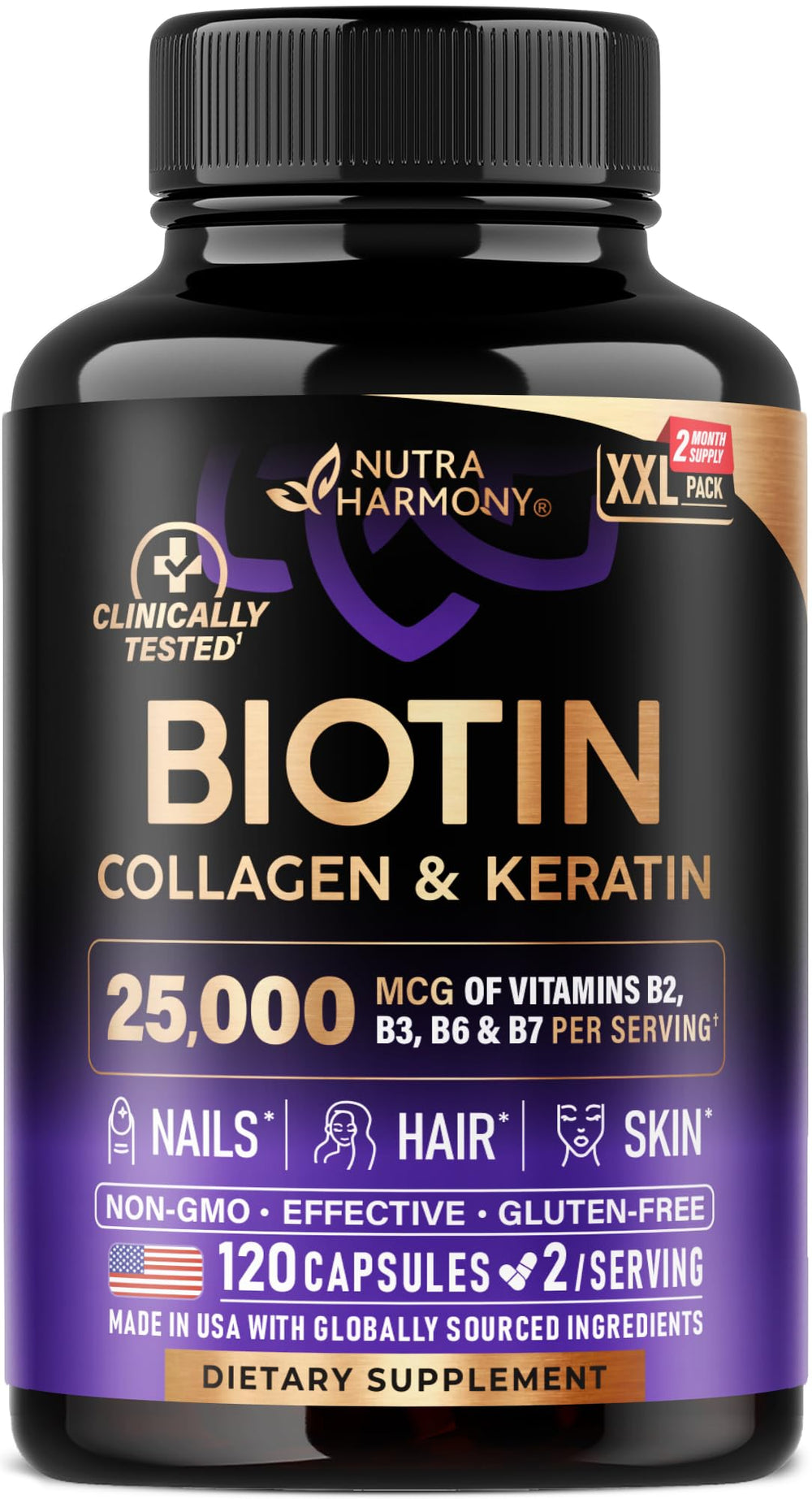 Biotin, collagen, and keratin supplement bottle front view