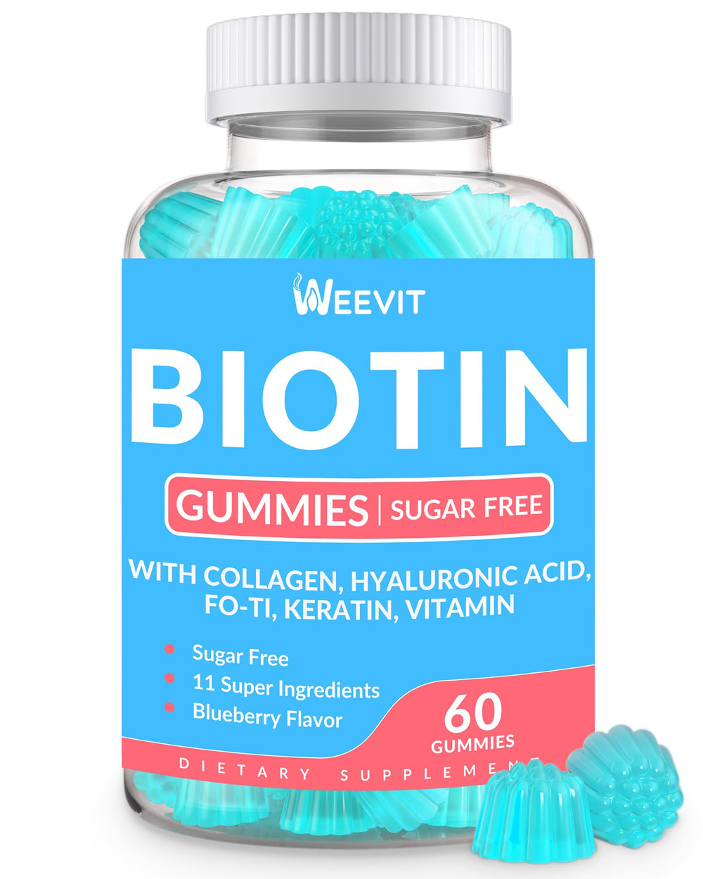 Biotin Gummies bottle label with sugar-free gluten-free claim