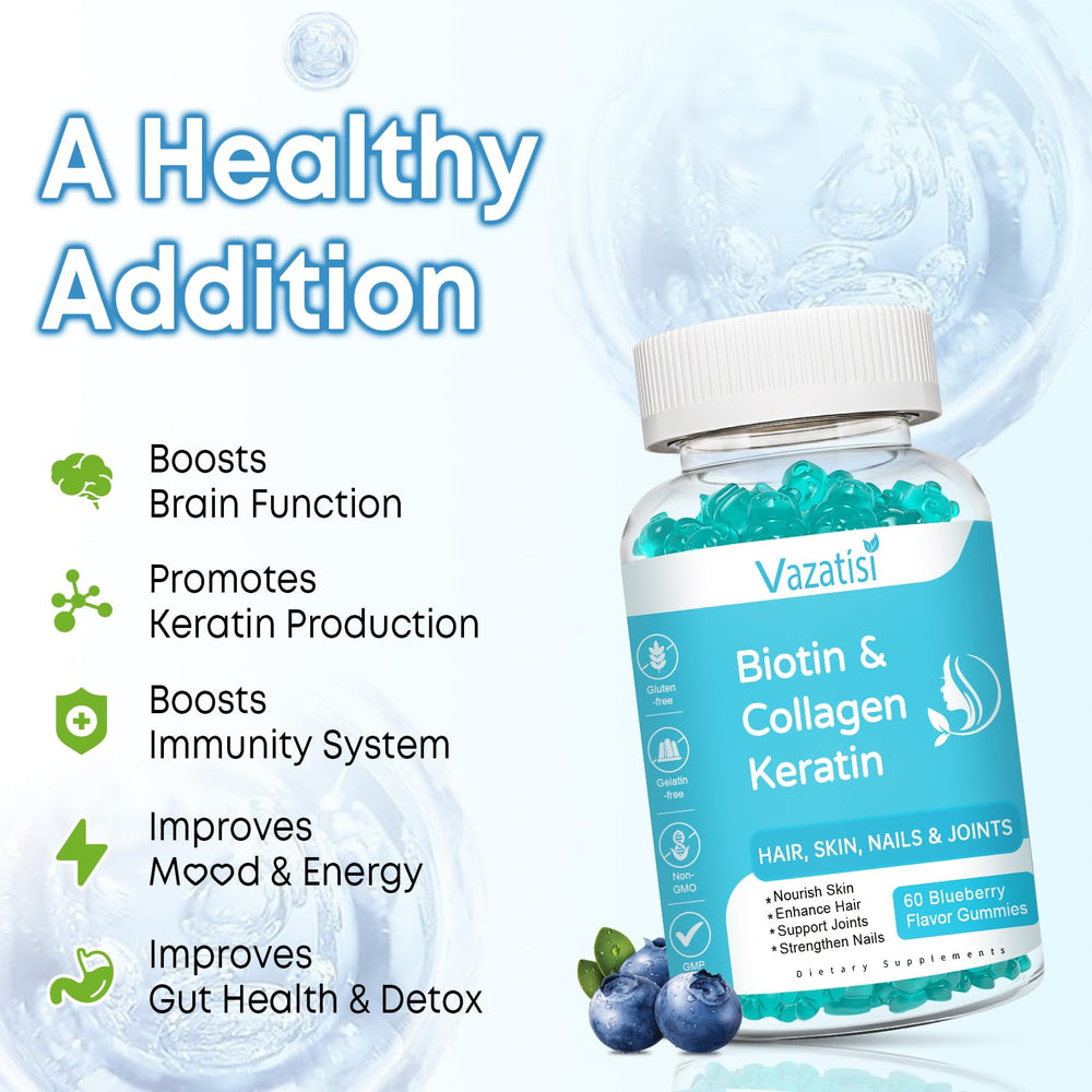 Gummies illustrating benefits for hair, nails and skin