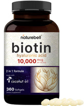 Bottle of Biotin 10000mcg + Hyaluronic Acid 25mg softgels with coconut oil infusion