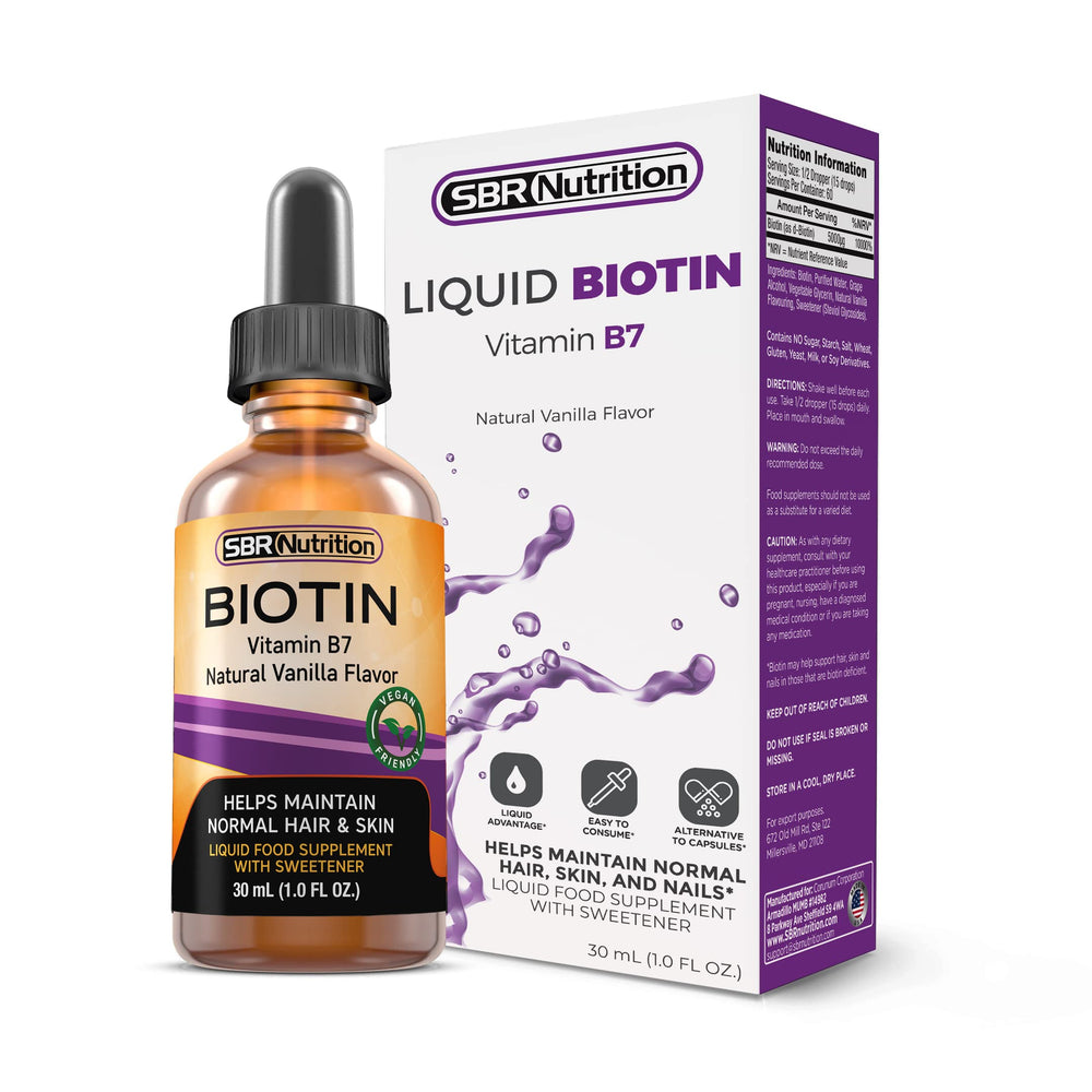 Front view of Biotin Drops Vanilla 5000mcg bottle