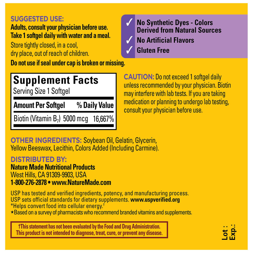Biotin softgels label indicating nail health support