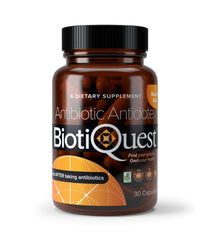 BiotiQuest Antibiotic Antidote Probiotics bottle front label showing 20 Billion CFU, Non-GMO, Gluten Free