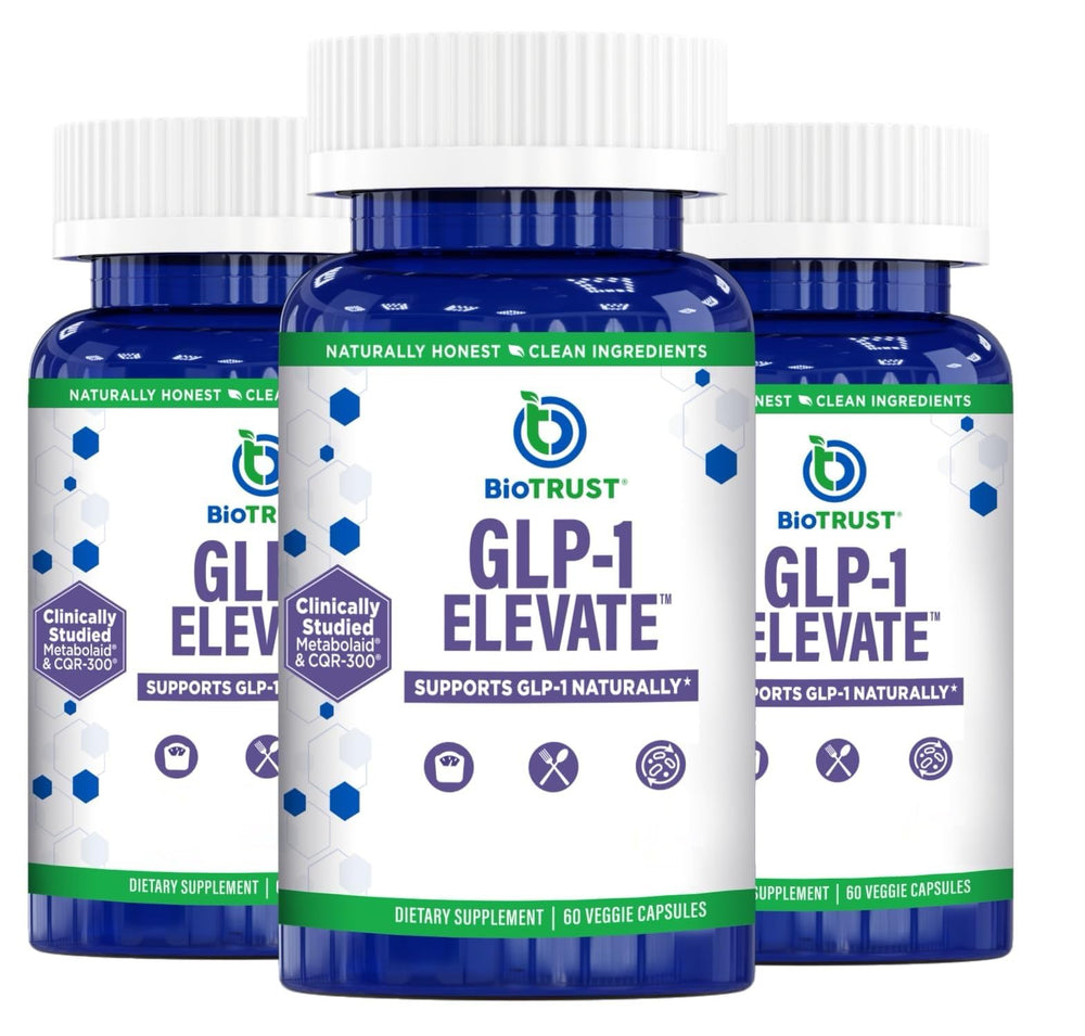 BioTrust GLP1 Elevate bottle front view highlighting metabolic health and cravings control.