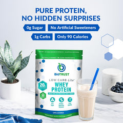 BioTrust Low Carb Lite scoop pouring powder into a shake demonstrates easy mixability.