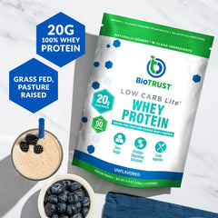 BioTrust Low Carb Lite tub back nutrition panel outlines keto-friendly macros and serving size.