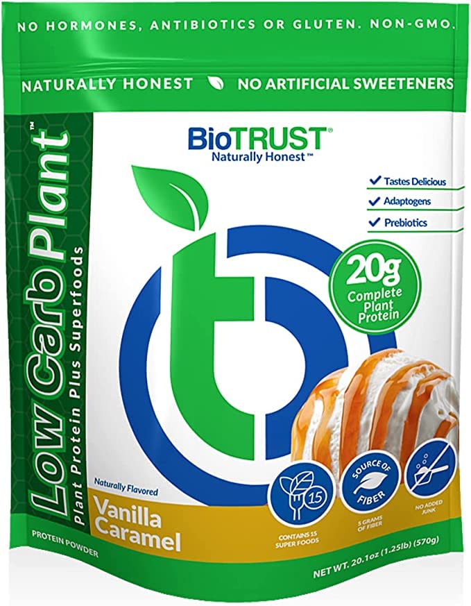 BioTrust Low Carb Plant bottle with vanilla caramel flavor for a satisfying protein shake