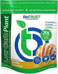 BioTrust Low Carb Plant bottle with vanilla caramel flavor for a satisfying protein shake