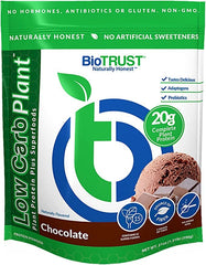 BioTrust Low Carb Plant chocolate powder in tub for smooth, protein-packed shakes.
