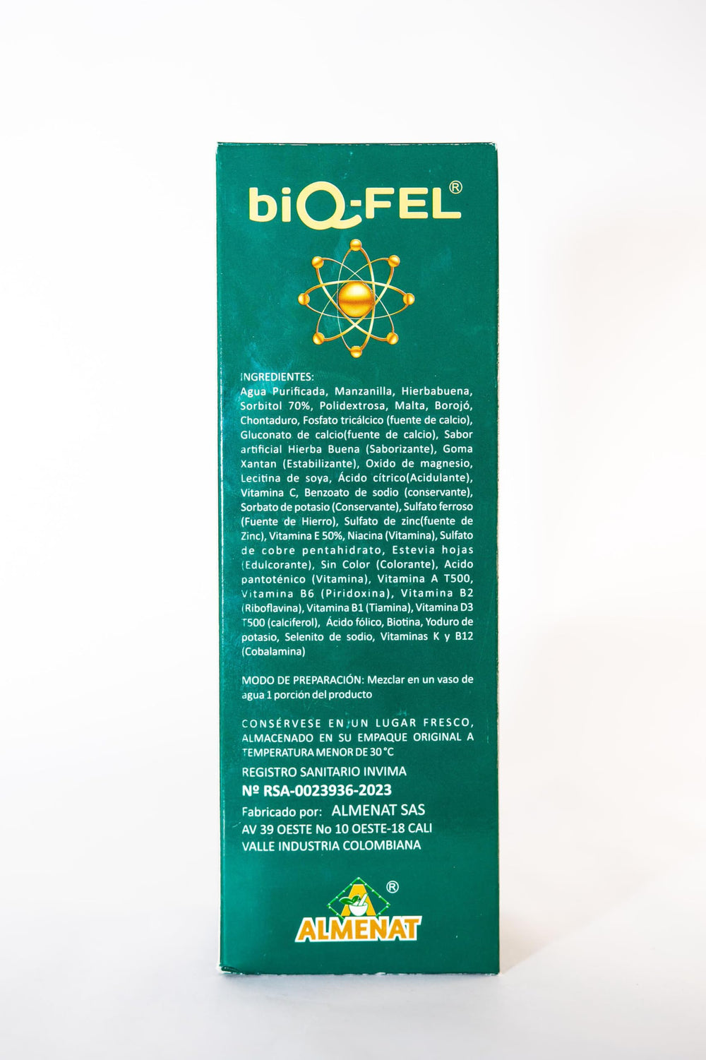 Close-up of BIQ-FEL product label and dosage information