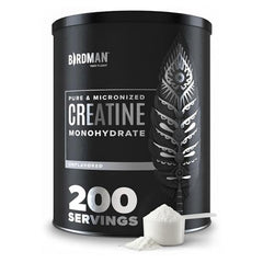 Birdman Micronized Creatine Monohydrate powder container with scoop