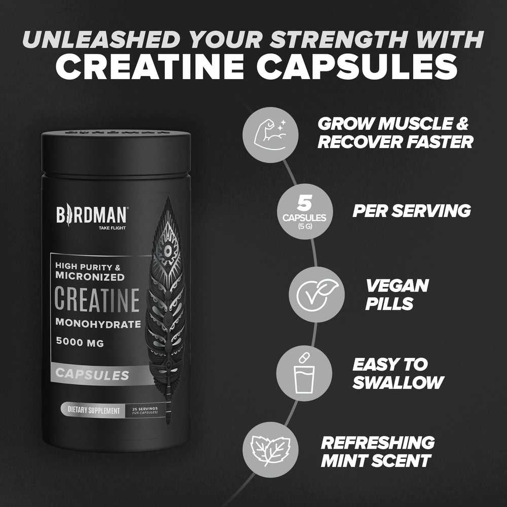 BIRDMAN Creatine Monohydrate Capsules packaging label