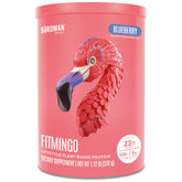 BIRDMAN Fitmingo blueberry protein powder bottle highlights post-workout nutrition.