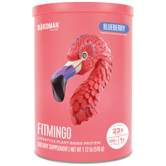BIRDMAN Fitmingo blueberry protein powder bottle highlights post-workout nutrition.