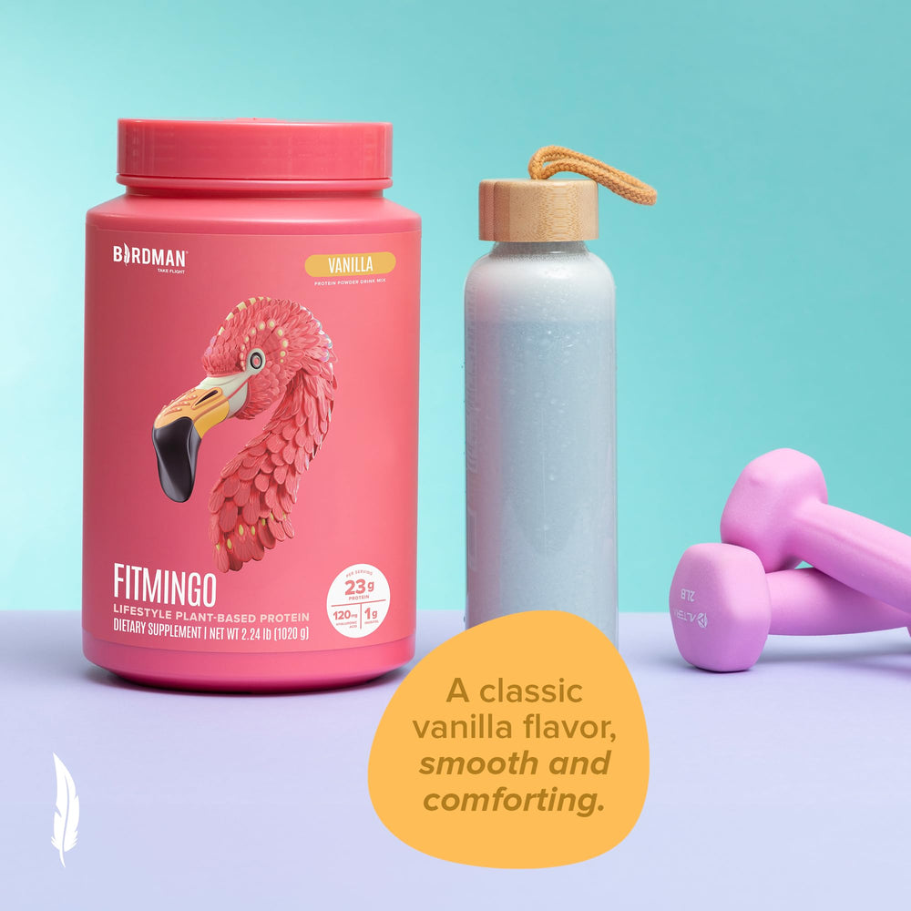 BIRDMAN Fitmingo on breakfast table beside fruit showing daily routine fit