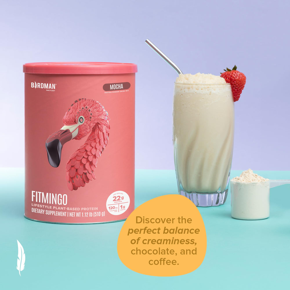 BIRDMAN Fitmingo travel pouch and snack setup showing portable protein option for busy days