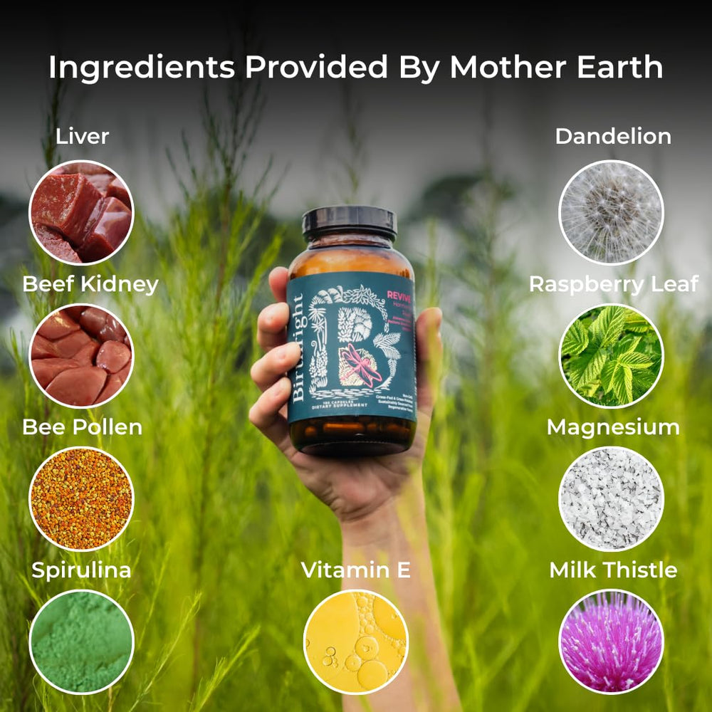 Close-up of Revive herbal blend ingredients including liver and red raspberry