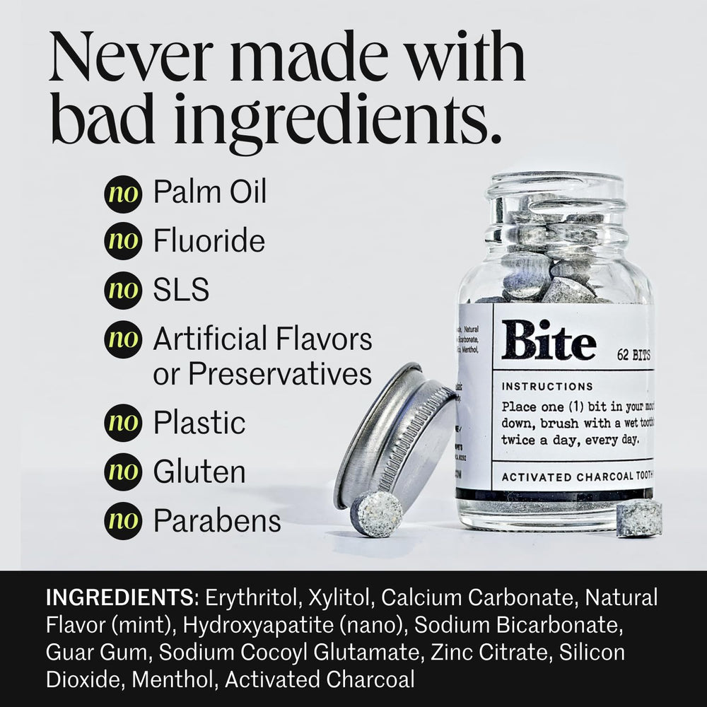 Close-up of Bite Toothpaste Bits with activated charcoal whitening