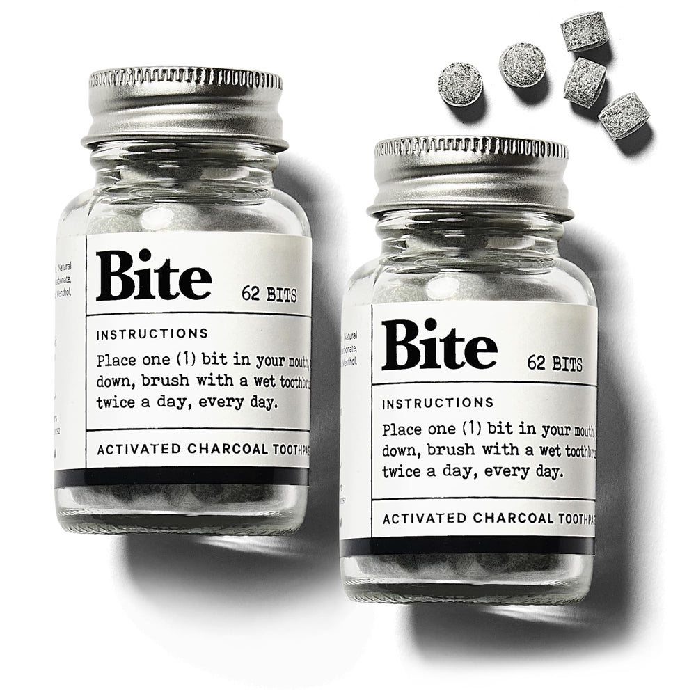 Bite Whitening Toothpaste Tablets Mint Charcoal packaging with two glass refill bottles