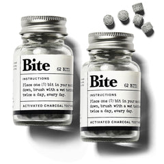 Bite Whitening Toothpaste Tablets Mint Charcoal packaging with two glass refill bottles