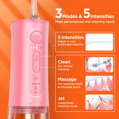 Flosser displaying 3 modes and 5 intensity settings