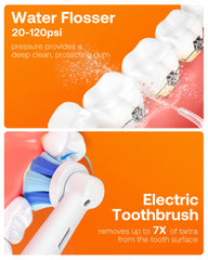 Package contents: toothbrush, water flosser, brush heads, tips, USB cables and manuals