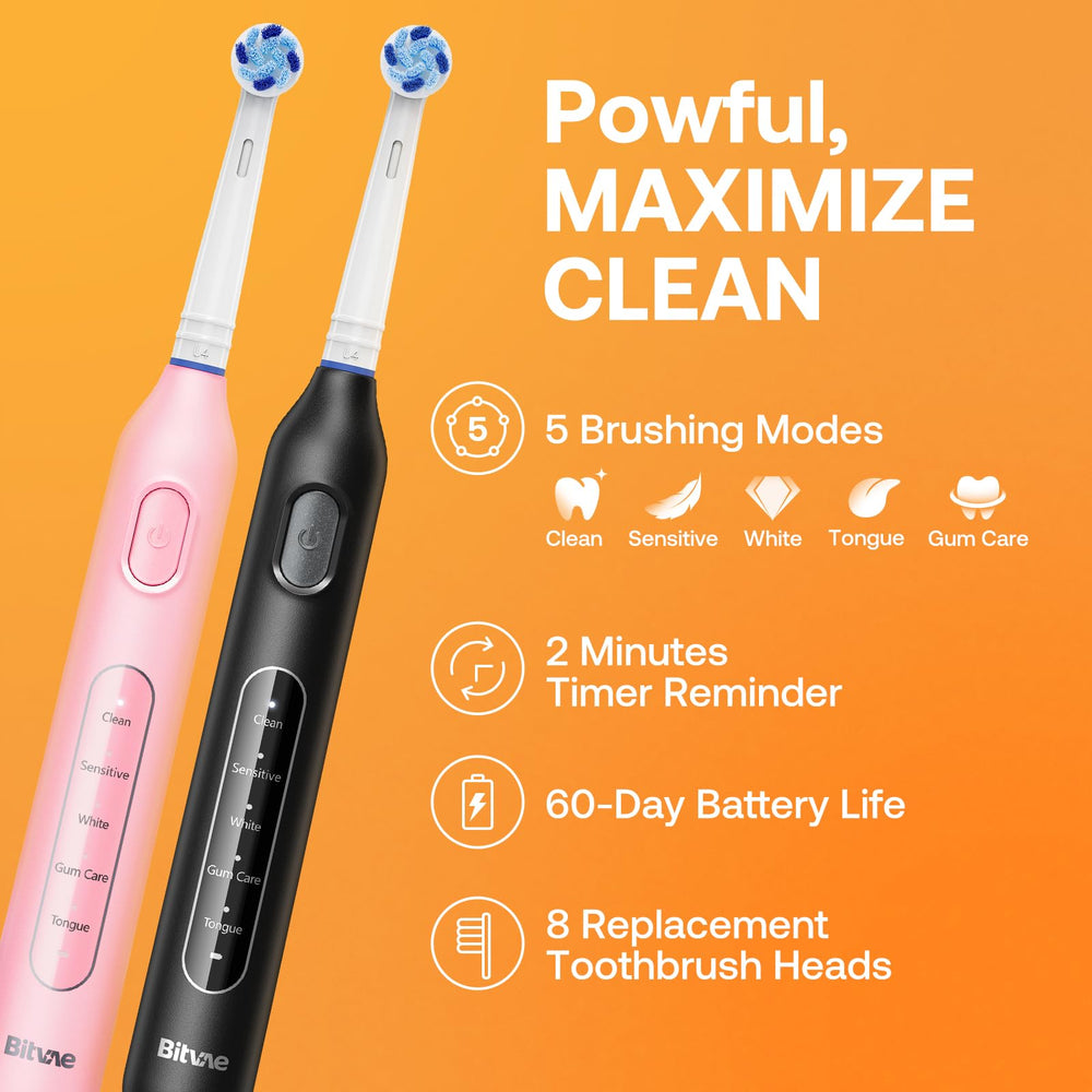 Back/side view of Bitvae R1 toothbrush in black and pink