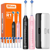 Front view of Bitvae R1 rotating electric toothbrush in black and pink — 2-pack