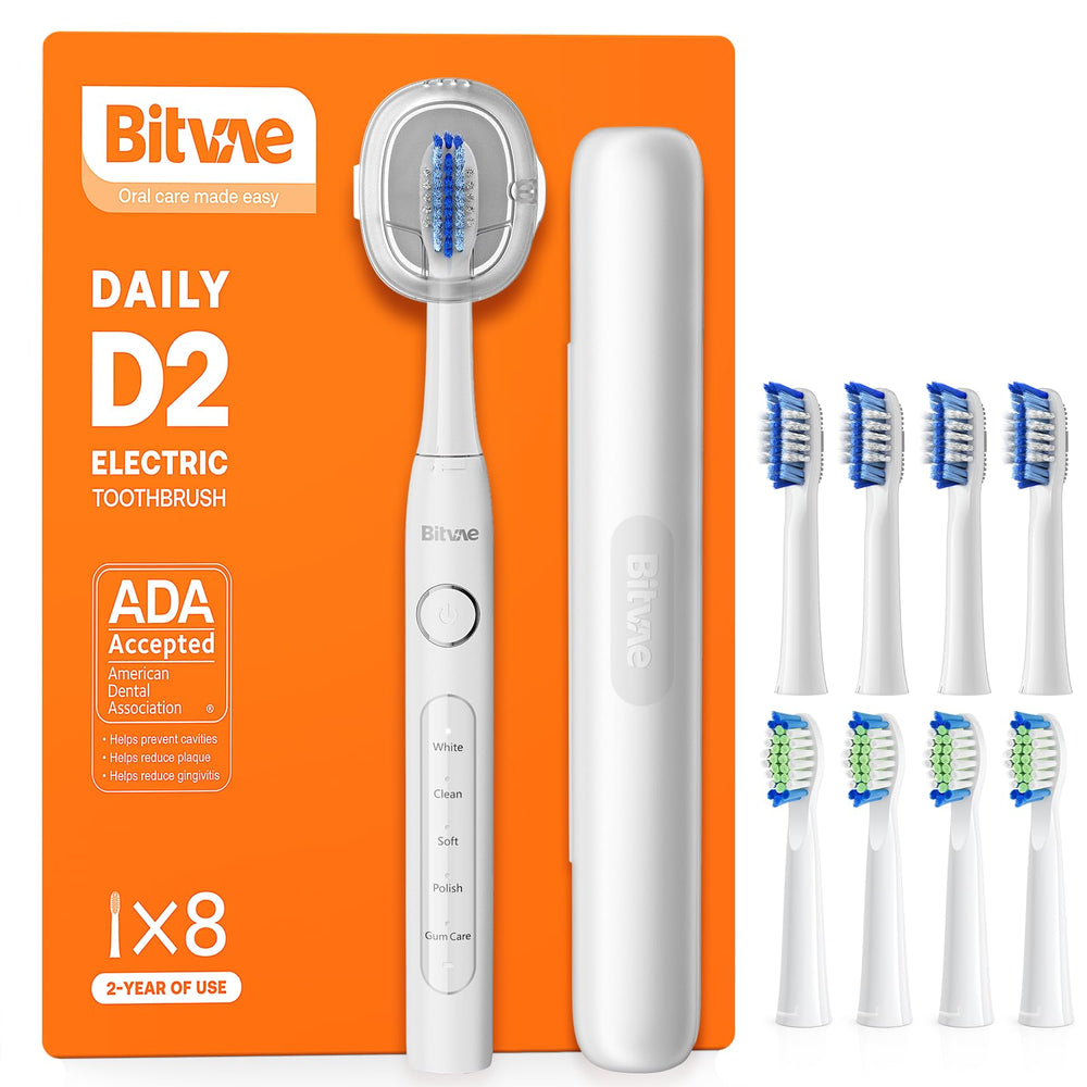 Bitvae frost white ultrasonic toothbrush with 8 heads