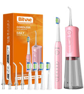 Bitvae water flosser and sonic toothbrush combo in quartz pink, front view