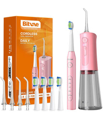 Bitvae water flosser and sonic toothbrush combo in quartz pink, front view