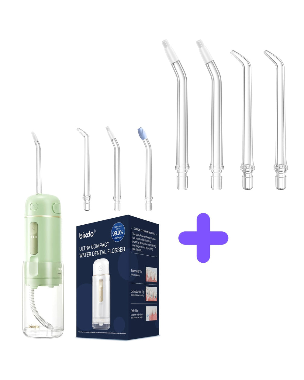 bixdo A30 PRO Water Flosser Green with standard and orthodontic tips replacement