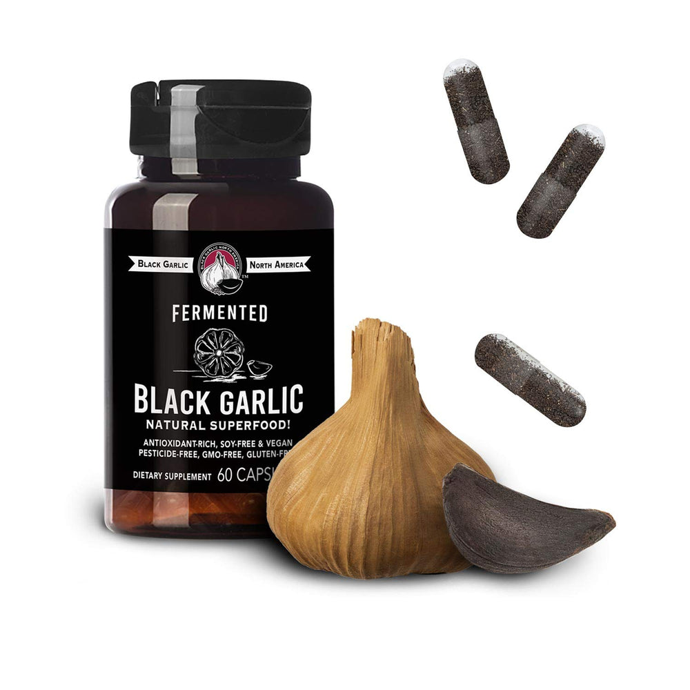 Close-up of black garlic capsules ingredients