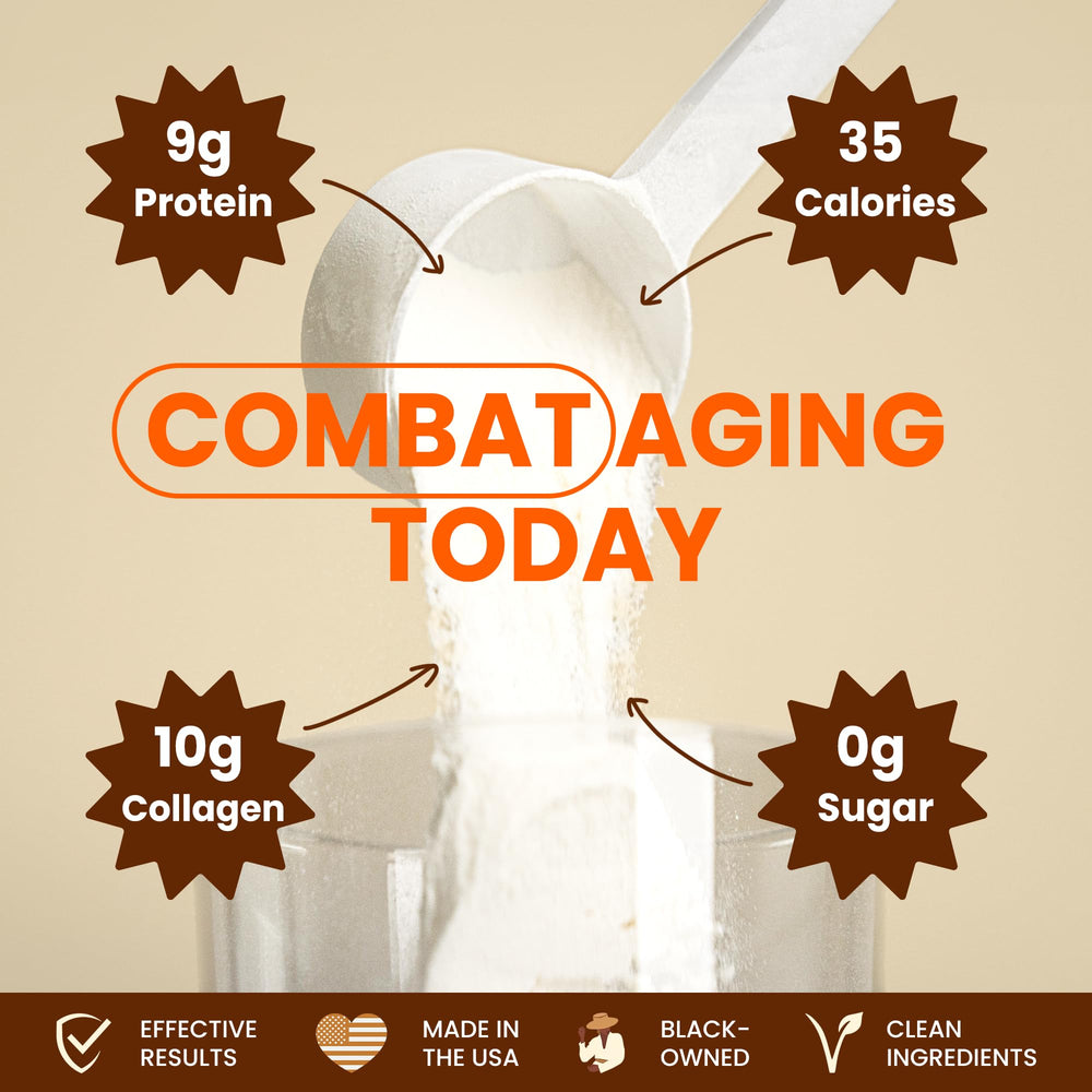 Black Girl Vitamins collagen powder scoop in smoothie highlighting versatile form.