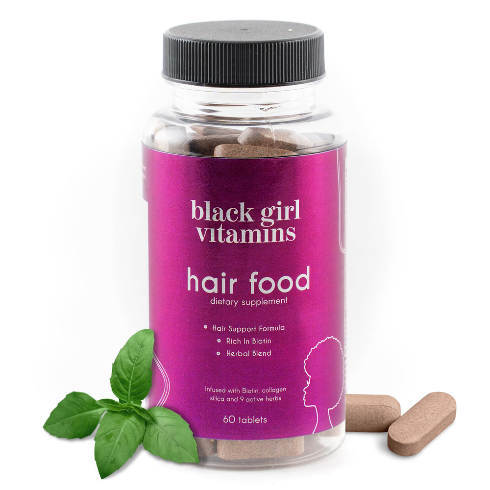 Bottle of Black Girl Vitamins Hair Food biotin + collagen supplement