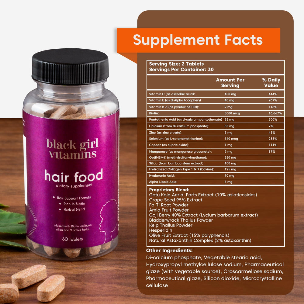 Close-up of Black Girl Vitamins Hair Food bottle with label