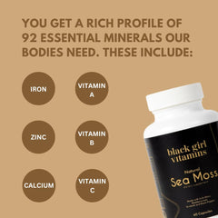 Front view of Black Girl Vitamins Sea Moss Capsules bottle with label