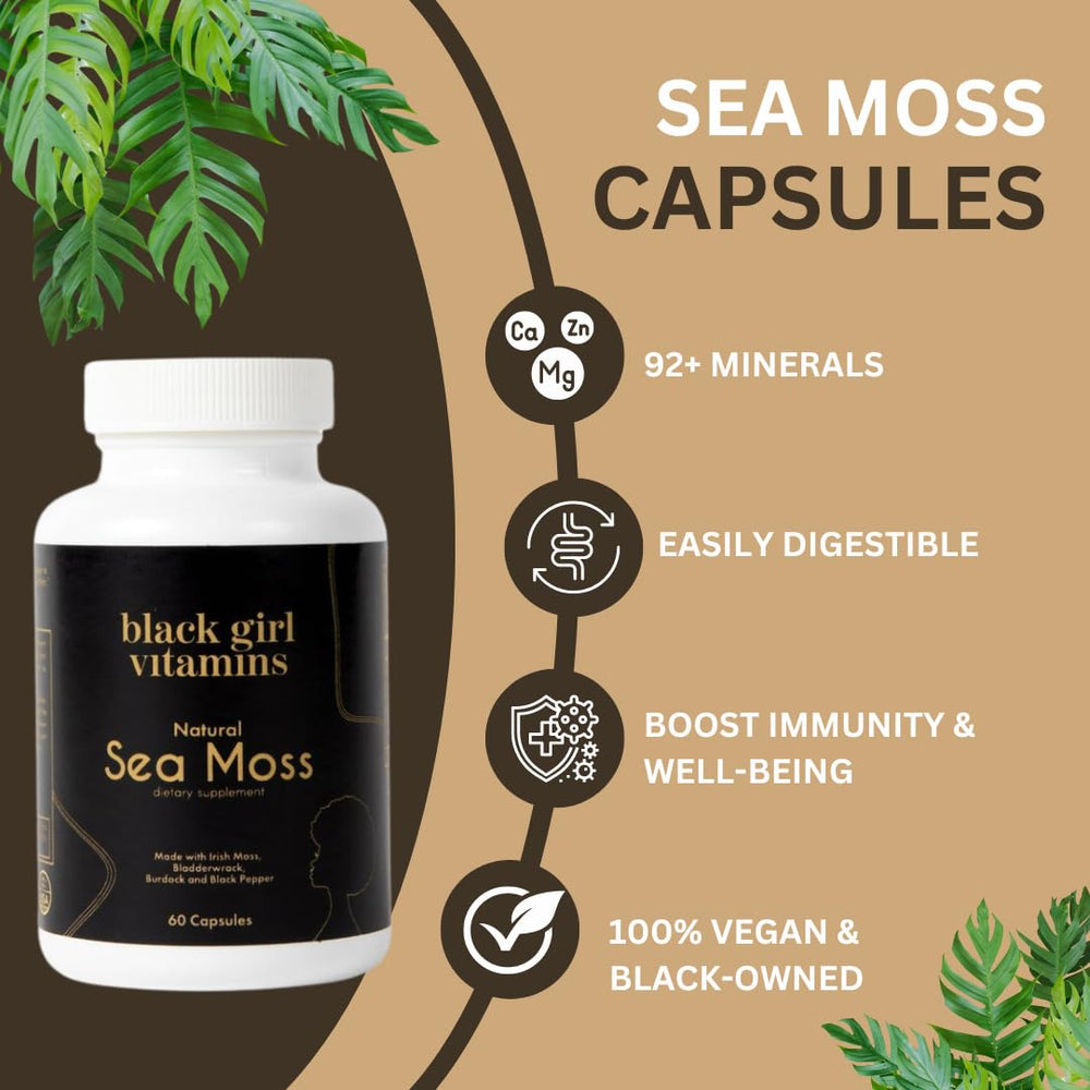 Lifestyle image with healthy foods and sea moss capsules