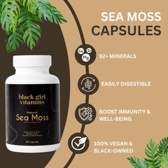 Lifestyle image with healthy foods and sea moss capsules