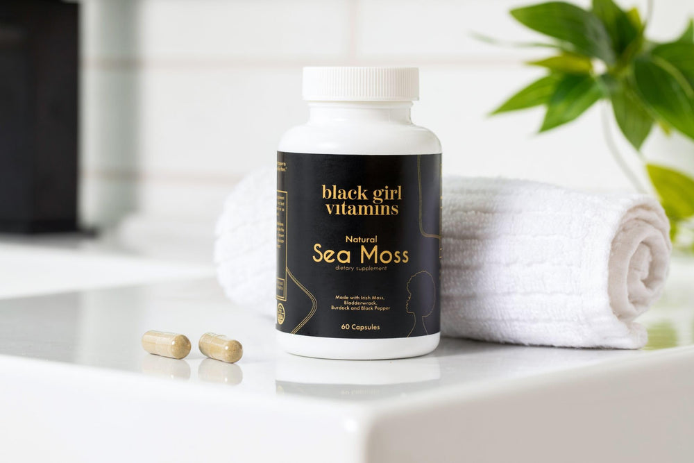 Vegan and organic label on Black Girl Vitamins Sea Moss capsules