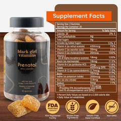 Branding packaging showing Black-owned USA-made prenatal gummies